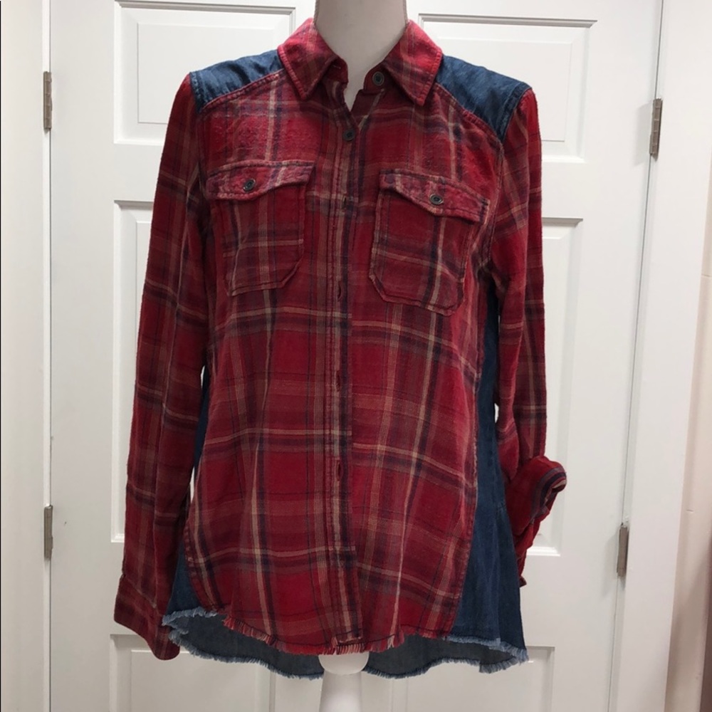 Free people blue jean and flannel light jacket/top